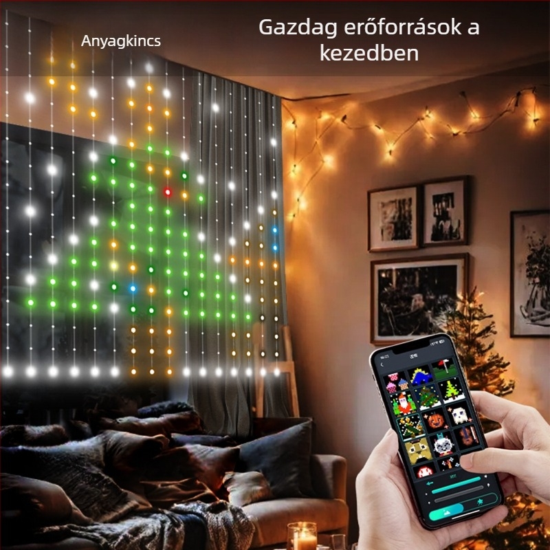 Beltéri RGB LED függönyfények, DIY programozhatóak, karácsonyi dekoráció, E14 aljzat, fényerő-szabályozás, IP44