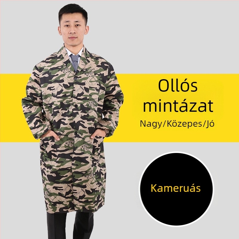 Férfi munkaruha hosszú ujjú kabát camuflázs mintával, négy évszakos, 100% poliészter, keverék vegyi rostokból, szennyeződés elleni és fertőtlenítő hatású