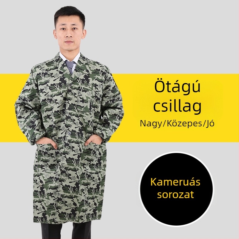 Férfi munkaruha hosszú ujjú kabát camuflázs mintával, négy évszakos, 100% poliészter, keverék vegyi rostokból, szennyeződés elleni és fertőtlenítő hatású