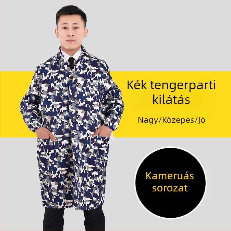 Férfi munkaruha hosszú ujjú kabát camuflázs mintával, négy évszakos, 100% poliészter, keverék vegyi rostokból, szennyeződés elleni és fertőtlenítő hatású