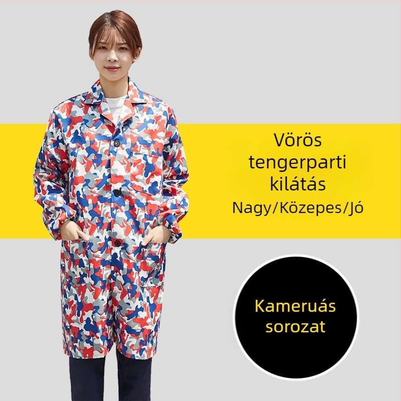 Férfi munkaruha hosszú ujjú kabát camuflázs mintával, négy évszakos, 100% poliészter, keverék vegyi rostokból, szennyeződés elleni és fertőtlenítő hatású