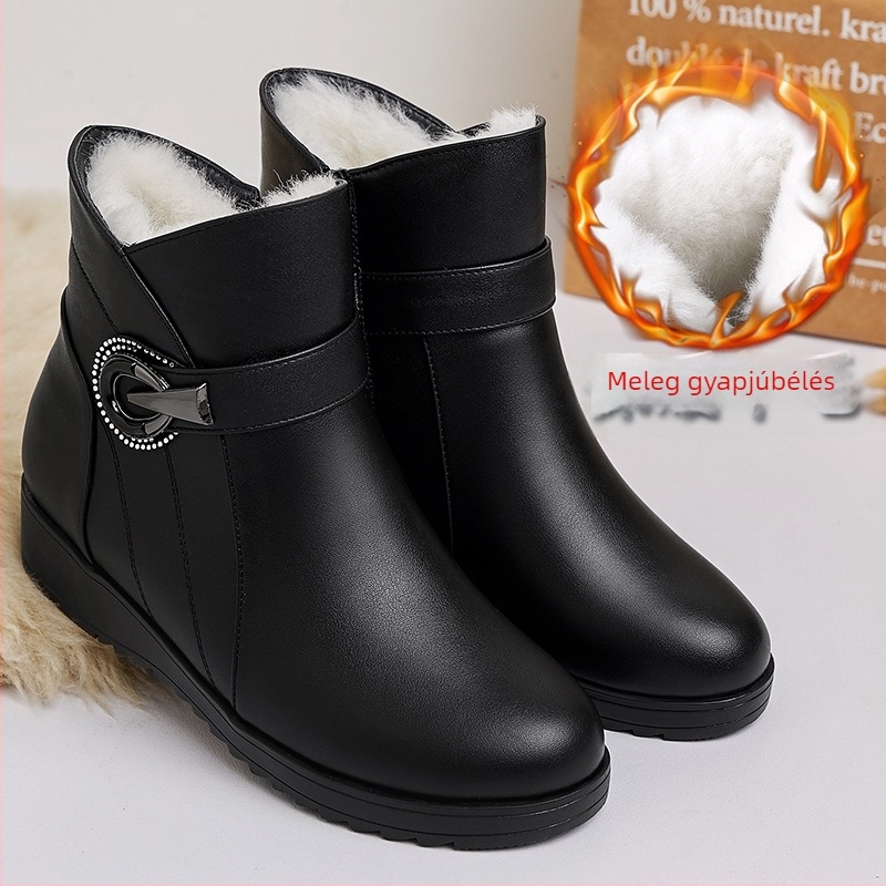 Női gyapjúval bélelt alacsony bokacsizma mikroszálas felsőrészével, gumírozott talp, oldalsó cipzár, meleg és lélegző, wedge sarok