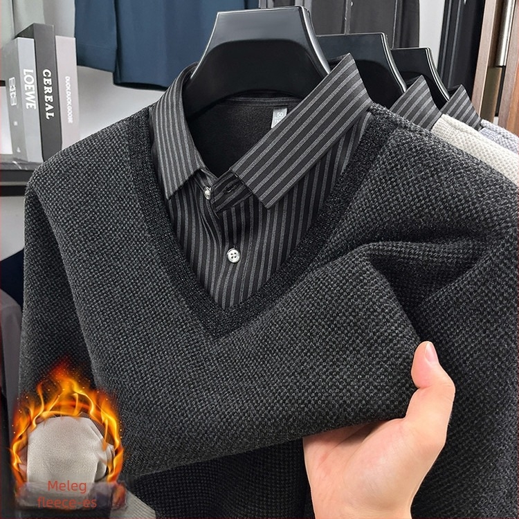 Polo kötött felső fleece-belsővel, hosszú ujjú, testhez álló fazon, egyszínű mintázat, patchwork részlet