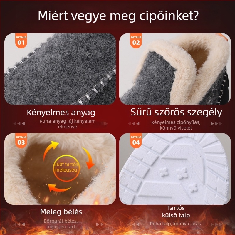 Női téli pamuts cipő, alacsony szárú slip-on csizma plüss béléssel és lapos sarokkal