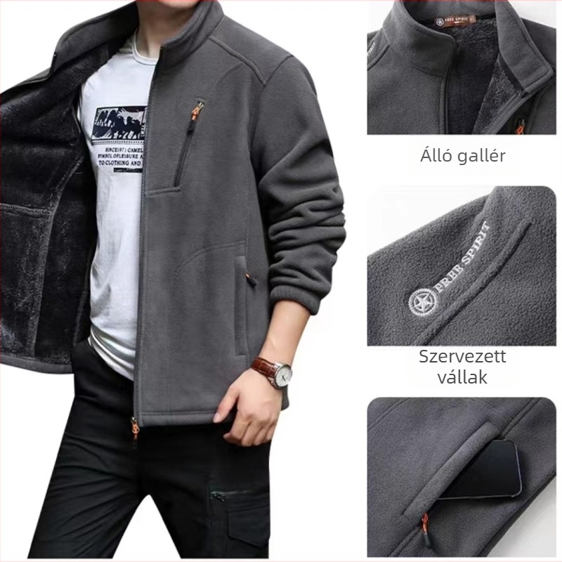 Férfi fleece kabát, vastag polár fleece, cipzár, álló gallér, több zseb