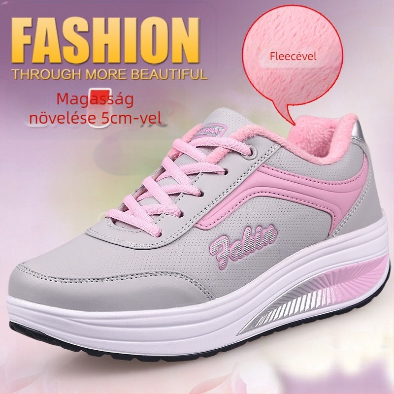 Női meleg otthoni cipő plüss béléssel, kényelmes rock stílusú, felső rész műbőr, EVA talp, PU belső talp, sarok 3–5 cm