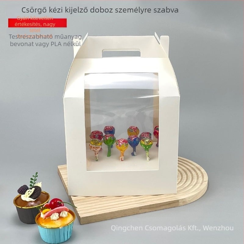 Lollipop kijelző doboz ablakkal, testreszabható (350gsm papír; hajtogatható tálca; logónyomás; flokkolás; UV nyomtatás)