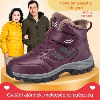 Uniszex téli meleg járócipő, vízálló szintetikus bőrfelső, pamut bélés, gumírozott talp, Velcro-zárás