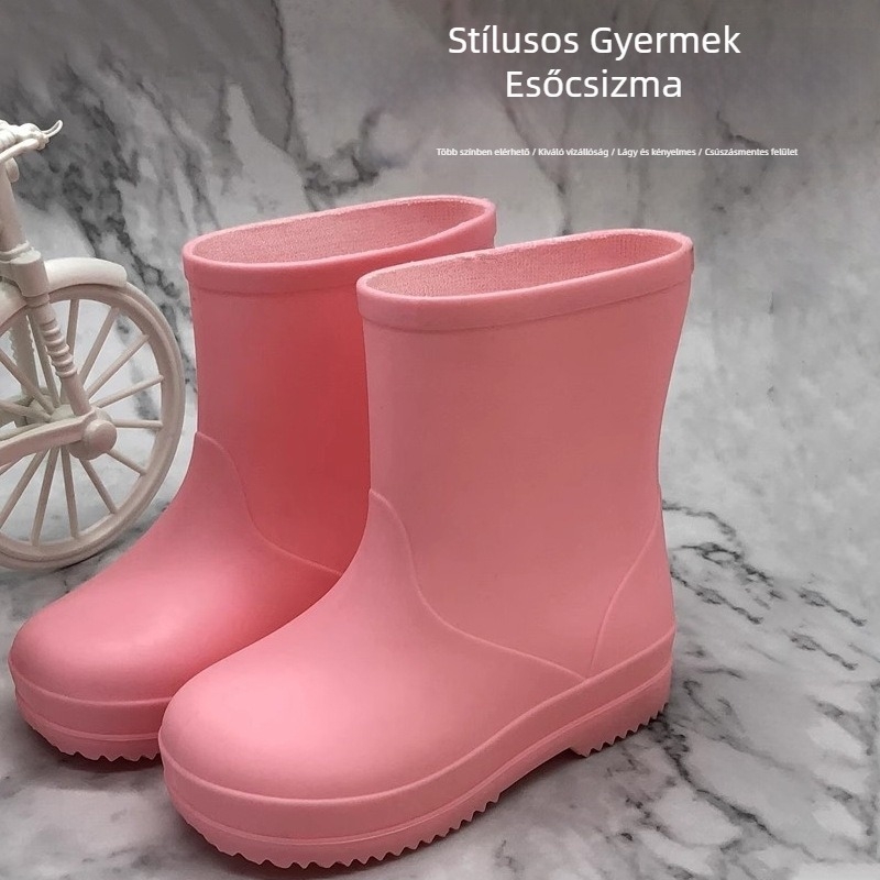 Gyerekeknek készült esőcsizma – PVC, vízálló és csúszásmentes, lapos sarok, rövid cső, egyszínű minta, uniszex, 7–12 éveseknek