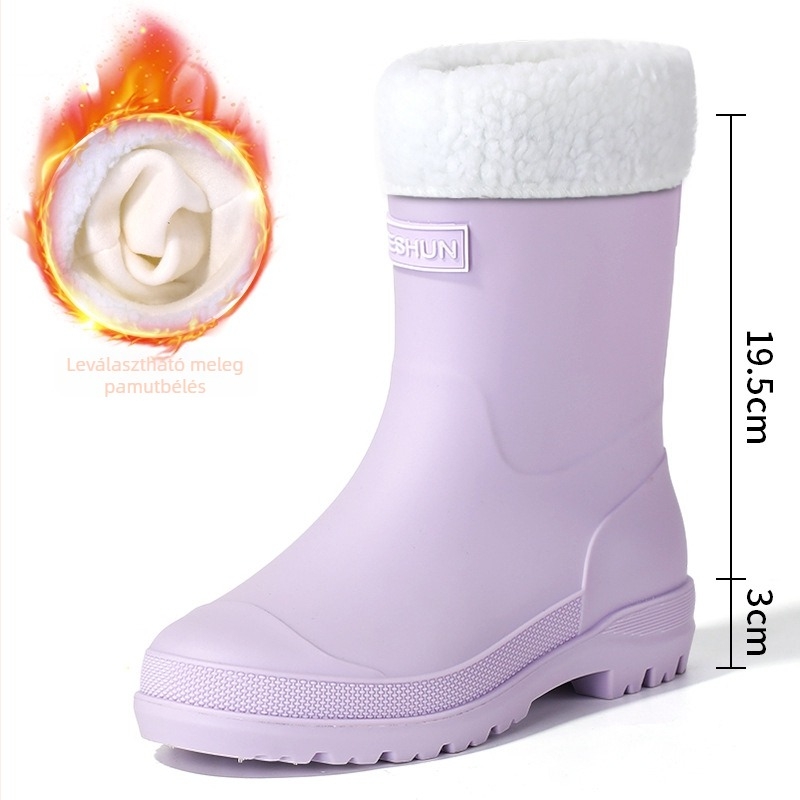 Női esőcsizmák, PVC felső rész, középmagasságú cső, slip-on, lapos sarka, négy évszakos