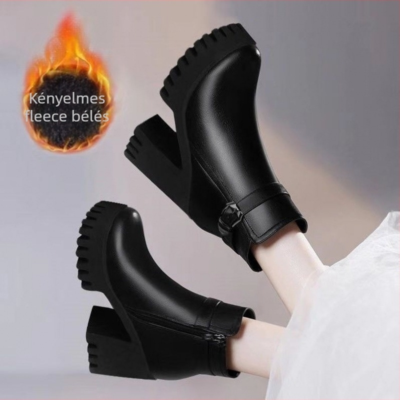 Női Martin csizma, vízálló, PU felsőrész, oldalsó cipzár, 6-8 cm vastag sarok