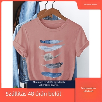 Női kerek nyakú póló, laza szabás, részlet: pillangócsomó, művészi rajzos mintával, tiszta pamut, hőtranszfer nyomtatás