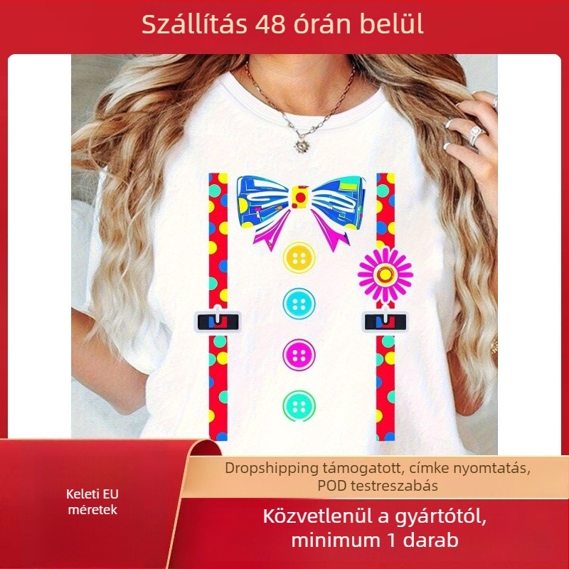 Női színes masnival és pöttyös mintás póló, pamut, rövid ujjú, kerek nyak, hőnyomás, casual nyár 2025