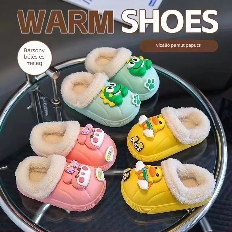 Gyerekek PVC papucs 3D-s karikatúra dizájnnal, téli fleece bélés, vízálló