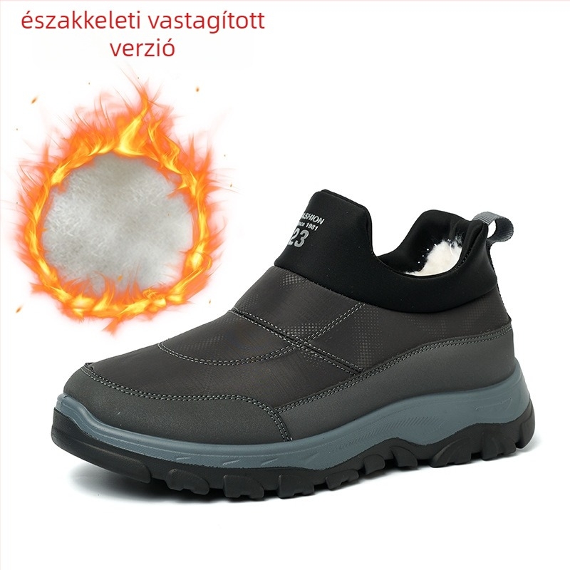 Férfi téli slip-on csizma, belső fleece-bélés, meleg, kültéri, vastag PU talp