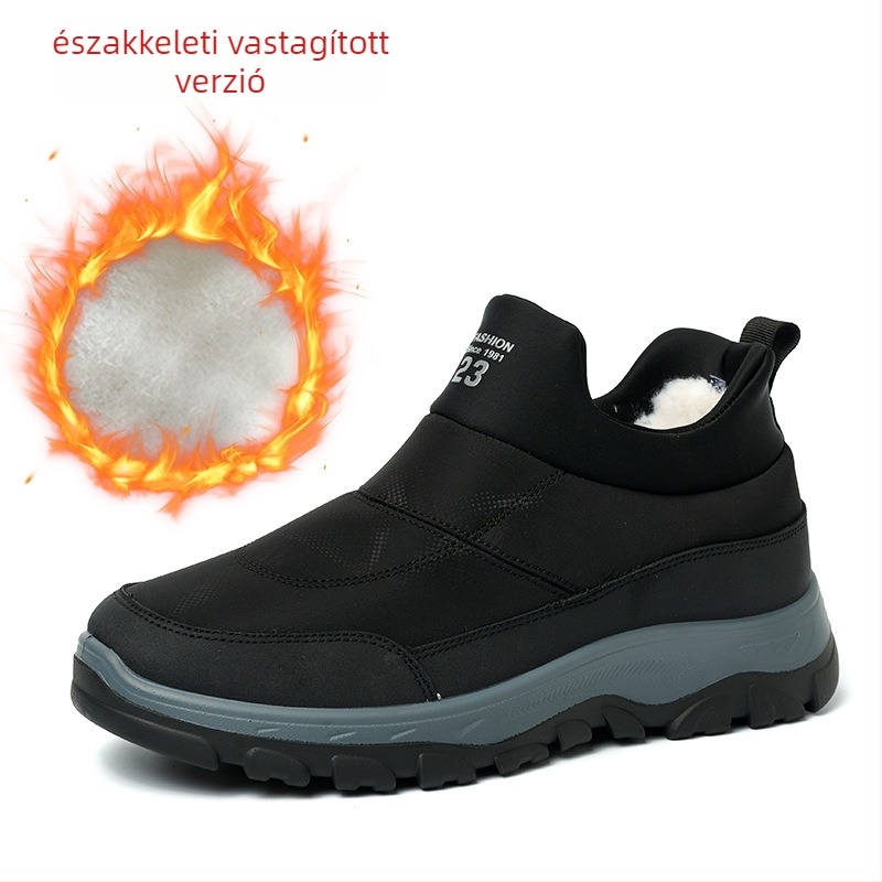 Férfi téli slip-on csizma, belső fleece-bélés, meleg, kültéri, vastag PU talp