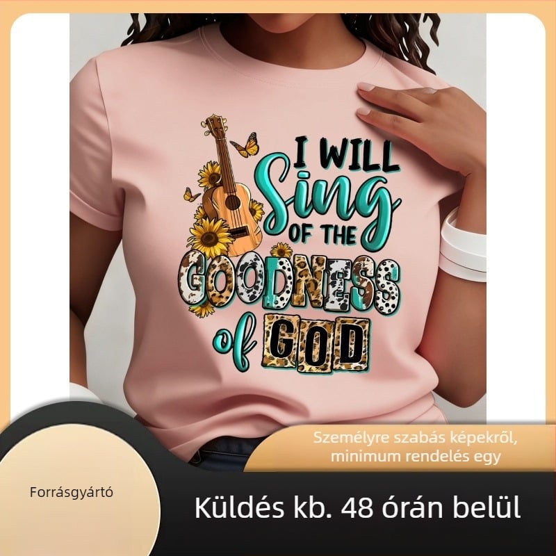 Betűminta póló 'I Will Sing of the Goodness God', pamut, laza szabás, kerek nyakú, rövid ujjú