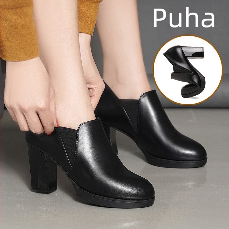 Női magas sarkú cipő vízálló platformával, kerek orrú, fleece-bélés, oldalsó cipzár, vastag sarok 6–8 cm