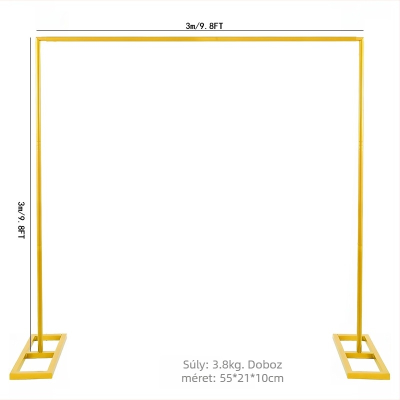 Kovácsoltvas esküvői boltív keret négyszögletes alapzattal, állítható lufi boltív, kartondobozos csomagolás, testreszabható