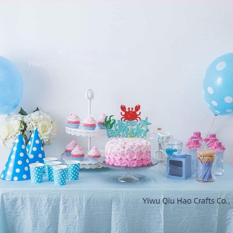 Rákos muffin dekoráció tengeri állatok bulijára — égkék zászlók fából készült pálcikákon, papír zászlók, gépi nyomtatás, logó nélkül