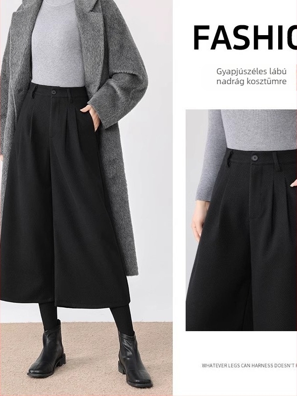 Női széles lábú nadrág magas derékkal, 9/10 hosszúságú, poliészter, japán-koreai casual retro stílus