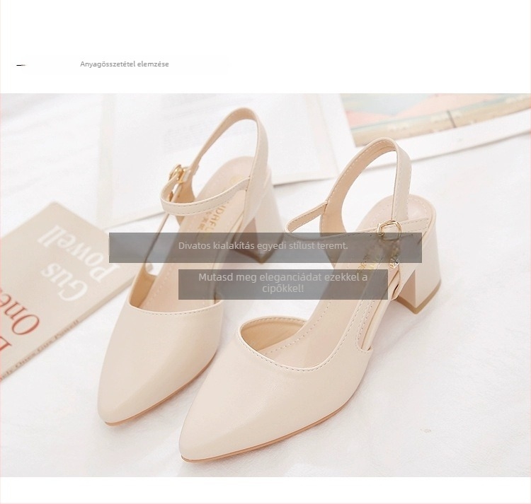 Női szandálok koreai stílusban középmagas sarokkal, hegyes orral, csattal záródó, gumitalp