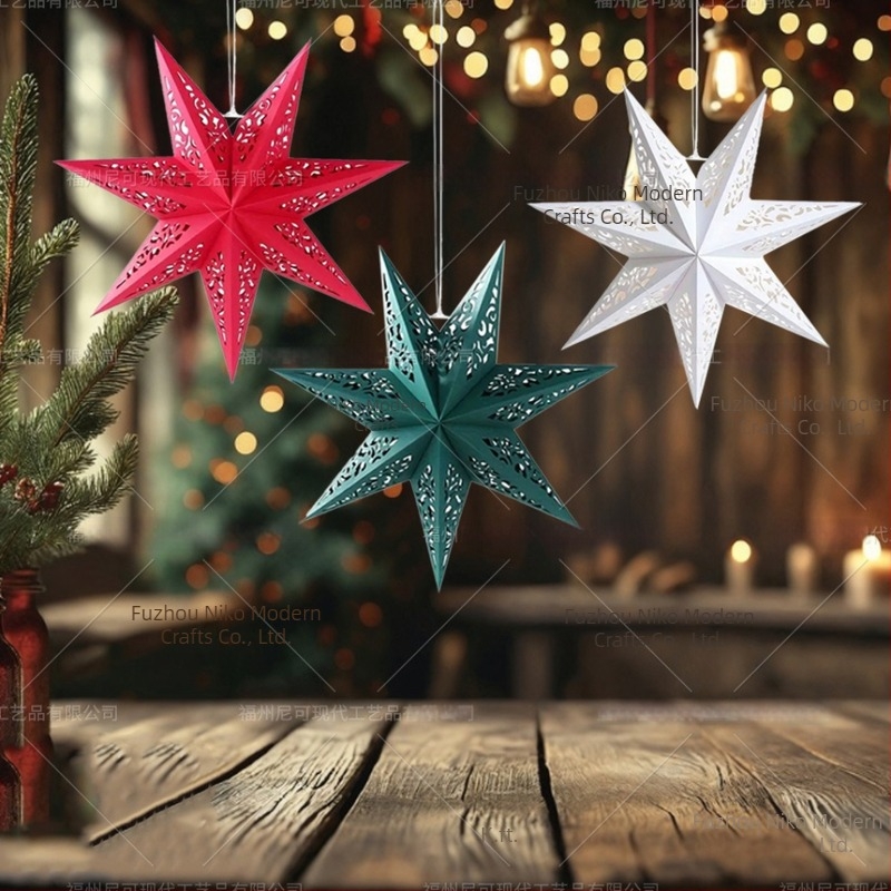 Papírból készült függő dísz — üreges hétágú origami csillag lámpás, karácsonyi helyszíni dekoráció