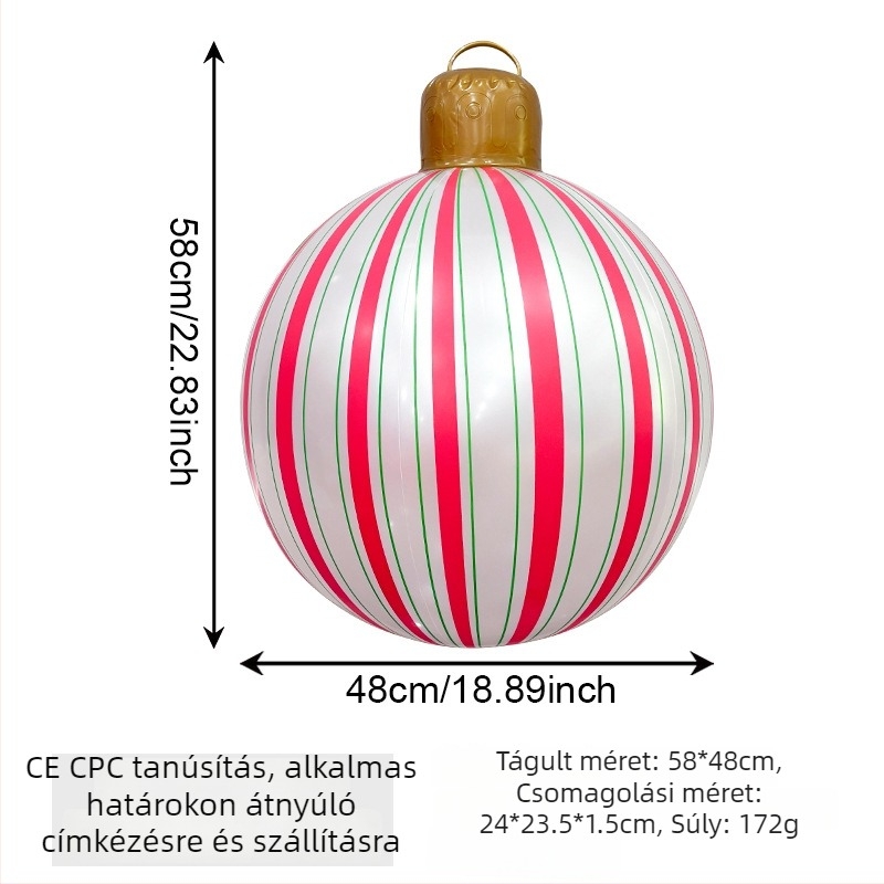 Felfújható karácsonyi gömb csíkos, gyöngyházfényű fénycsík mintával - PVC, szitanyomás ( Silk Screen ), luxus dekoráció
