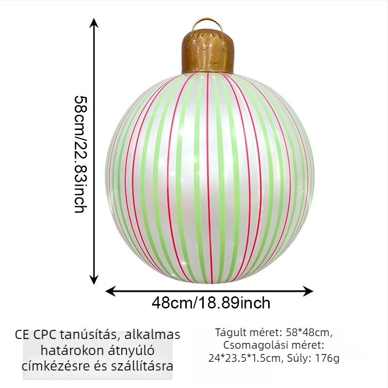Felfújható karácsonyi gömb csíkos, gyöngyházfényű fénycsík mintával - PVC, szitanyomás ( Silk Screen ), luxus dekoráció