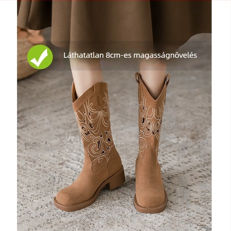 Lovaglócsizmák négyszögletes orral, vastag sarka 6–8 cm, középmagas szár, felső rész szuper fiber, gumírozott talp