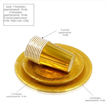 Egyszer használatos papírtányérok és poharak arany- és ezüst mintával — papír anyag, 300 g vastagság, kerek forma, nyomtatott logó