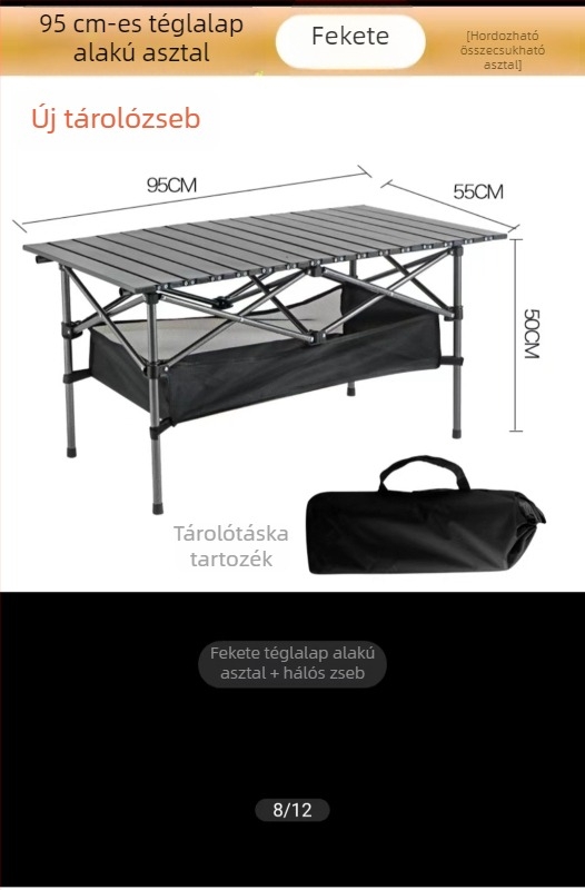 Egg Roll Table — Kültéri összecsukható hosszú asztal kempingezéshez és BBQ-hoz; szénacélból, összecsukható, Egg Roll stílus
