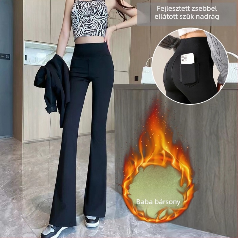 Nylon–spandex keverék flared nadrág, vast anyag, magas elasztikusság, karcsú szabás, városi stílus