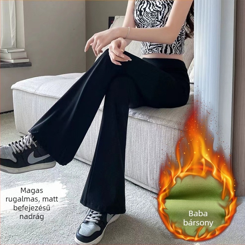 Nylon–spandex keverék flared nadrág, vast anyag, magas elasztikusság, karcsú szabás, városi stílus