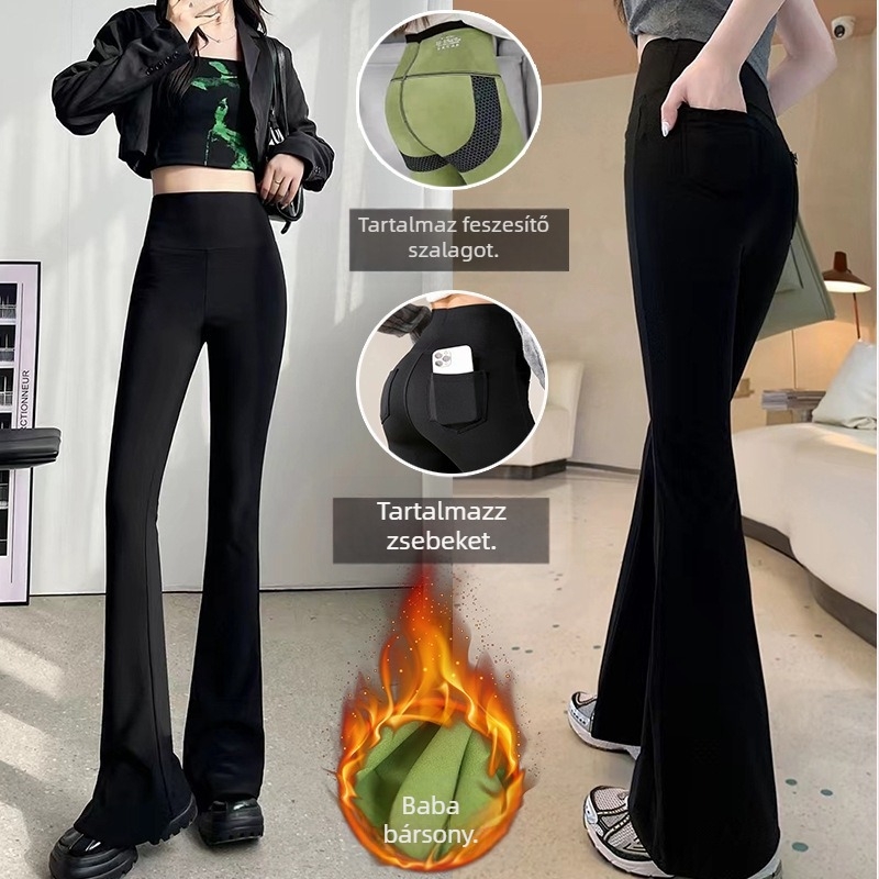 Nylon–spandex keverék flared nadrág, vast anyag, magas elasztikusság, karcsú szabás, városi stílus