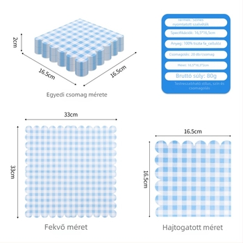 Egyszer használatos szalvéta, csipkés kockás mintával, 3 rétegű, 20 db, nyersfa cellulóz