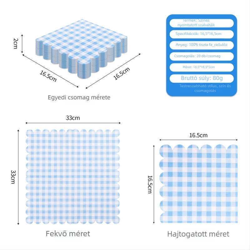 Egyszer használatos szalvéta, csipkés kockás mintával, 3 rétegű, 20 db, nyersfa cellulóz