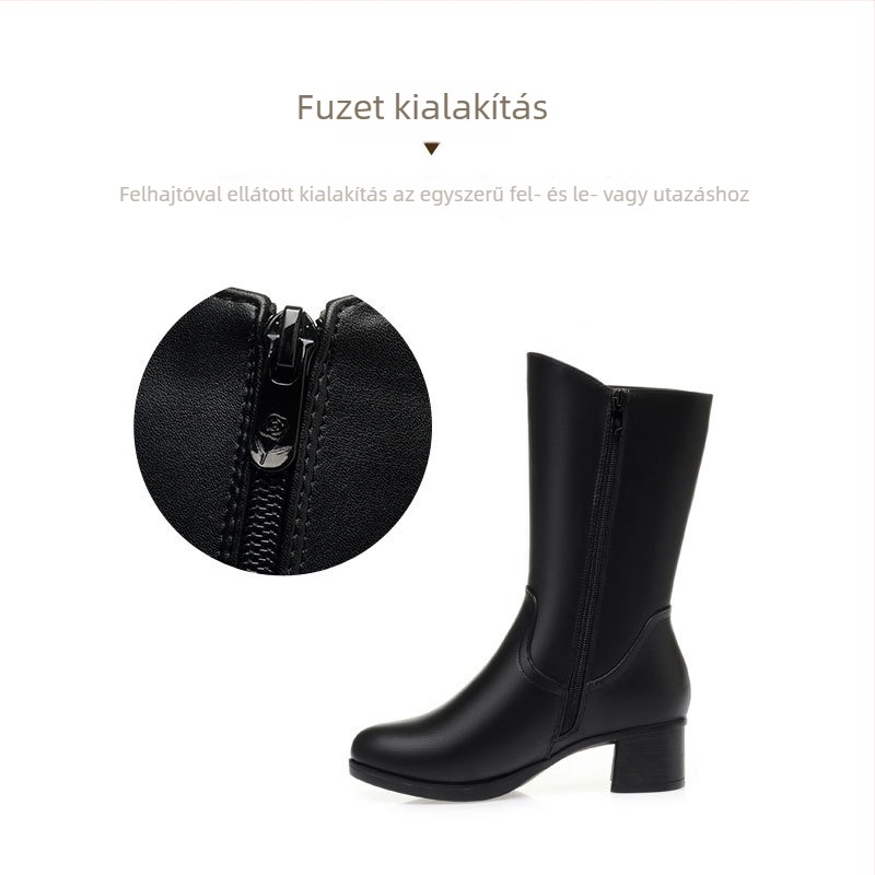 Női divatcsizma, koreai stílus, középmagas hossz, kerek orr, 3-5 cm-es vastag sarok, oldalsó cipzár