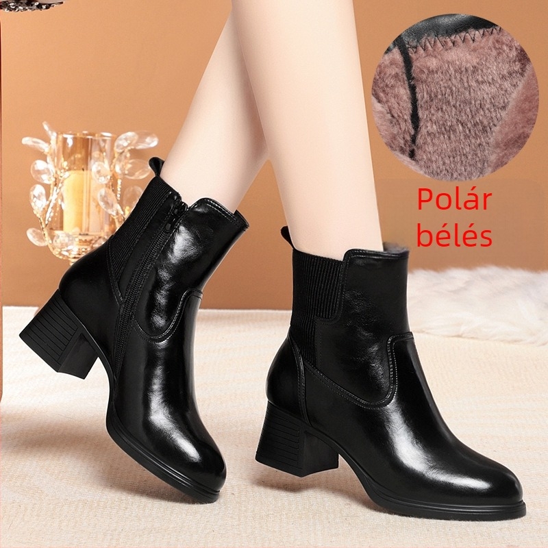 Női magas sarkú rövidcsizma, PU felső, belső műszőrme bélés, oldalsó cipzár, téli lábbeli, sarok 6–8 cm