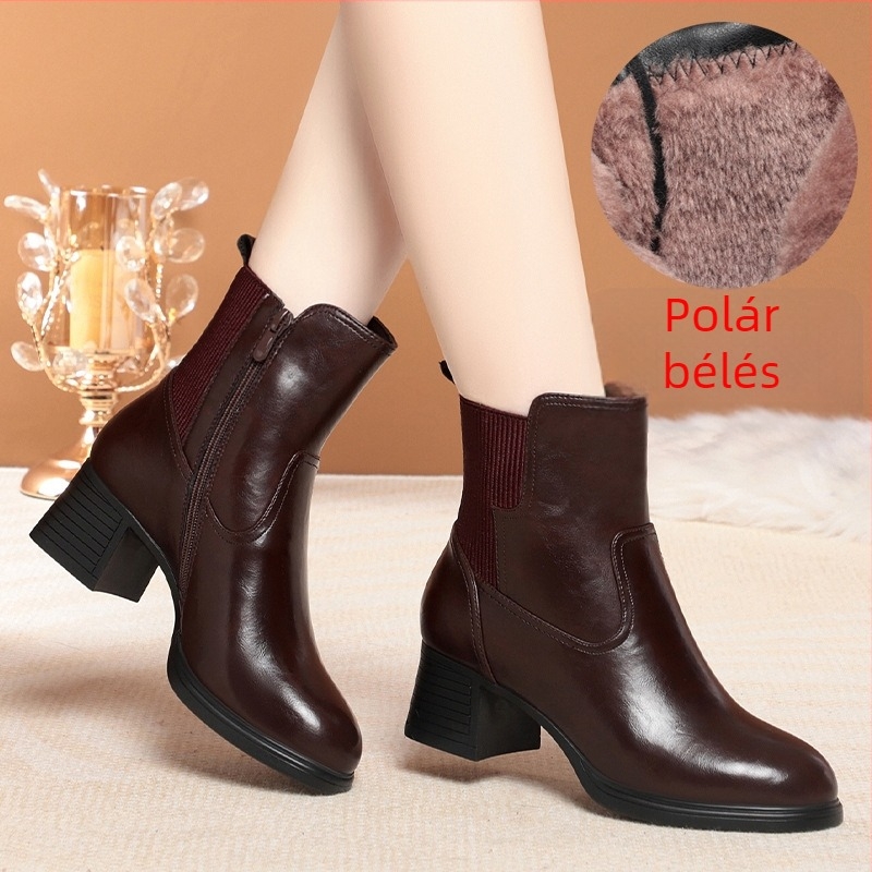 Női magas sarkú rövidcsizma, PU felső, belső műszőrme bélés, oldalsó cipzár, téli lábbeli, sarok 6–8 cm