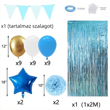 Latex lufi készlet: 27 kerek latex lufi, húzható zászló, papírcsokor és esőfüggöny születésnapi dekorációhoz
