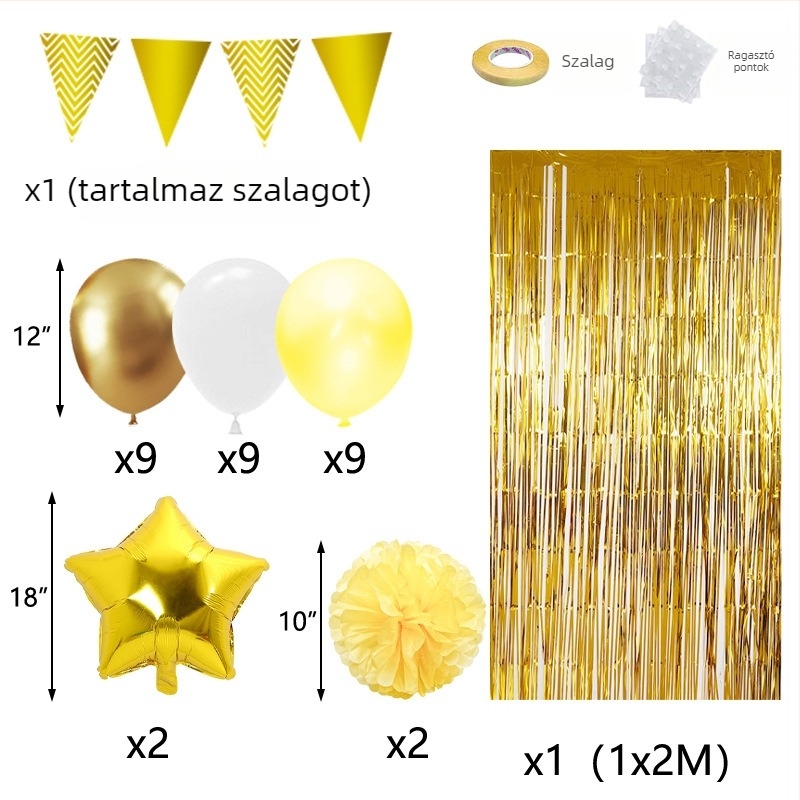 Latex lufi készlet: 27 kerek latex lufi, húzható zászló, papírcsokor és esőfüggöny születésnapi dekorációhoz