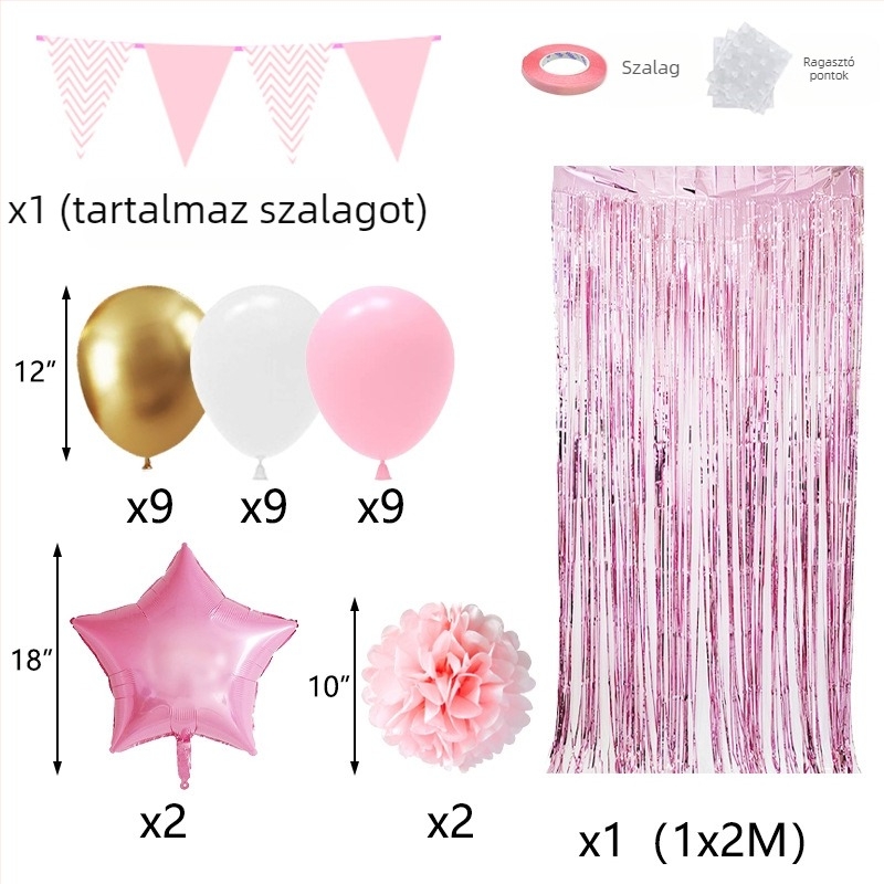 Latex lufi készlet: 27 kerek latex lufi, húzható zászló, papírcsokor és esőfüggöny születésnapi dekorációhoz