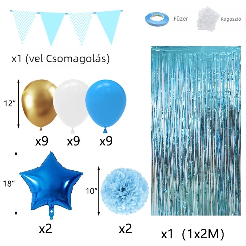 Latex lufi készlet: 27 kerek latex lufi, húzható zászló, papírcsokor és esőfüggöny születésnapi dekorációhoz
