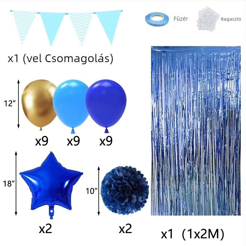 Latex lufi készlet: 27 kerek latex lufi, húzható zászló, papírcsokor és esőfüggöny születésnapi dekorációhoz