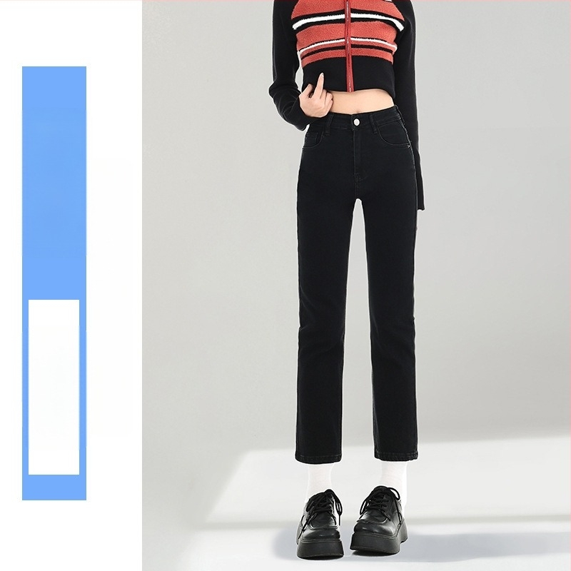 Denim farmernadrág egyenes szabású, magas derékú, 9/10 hosszú, 50–70% pamut és <30% poliészter, ősz 2025