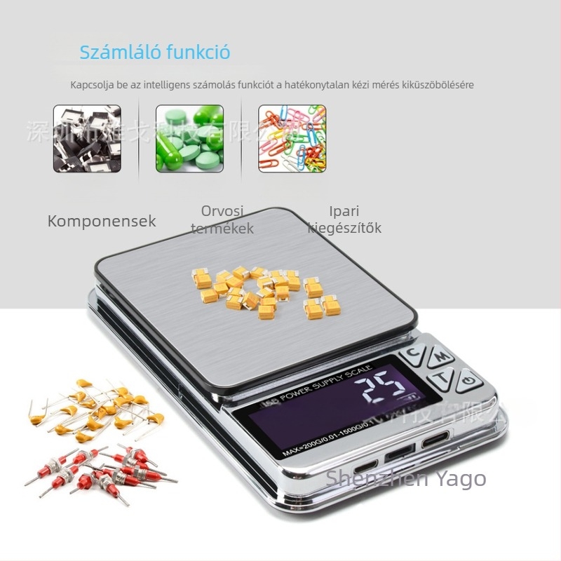 USB-s töltésű elektronikus gyógyszerpor mérleg, 1000/0.01 g, multifunkcionális, modell TSC01775