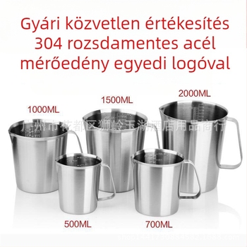 304 rozsdamentes acél mérőedény beépített skálával, tej-tea és kávé készítésére; több modell osztásokkal és ±100 ml toleranciával.