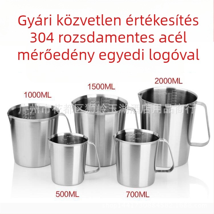 304 rozsdamentes acél mérőedény beépített skálával, tej-tea és kávé készítésére; több modell osztásokkal és ±100 ml toleranciával.