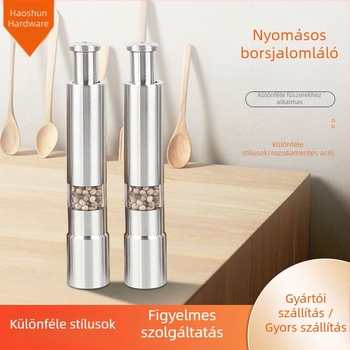 borsőrlő, kézi nyomásos típus, rozsdamentes acél, szilárd fűszerekhez, logó nyomtatott